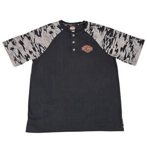 Harley Davidson Shirt Mens Large Black Camo Henley Embroidered Casual Biker